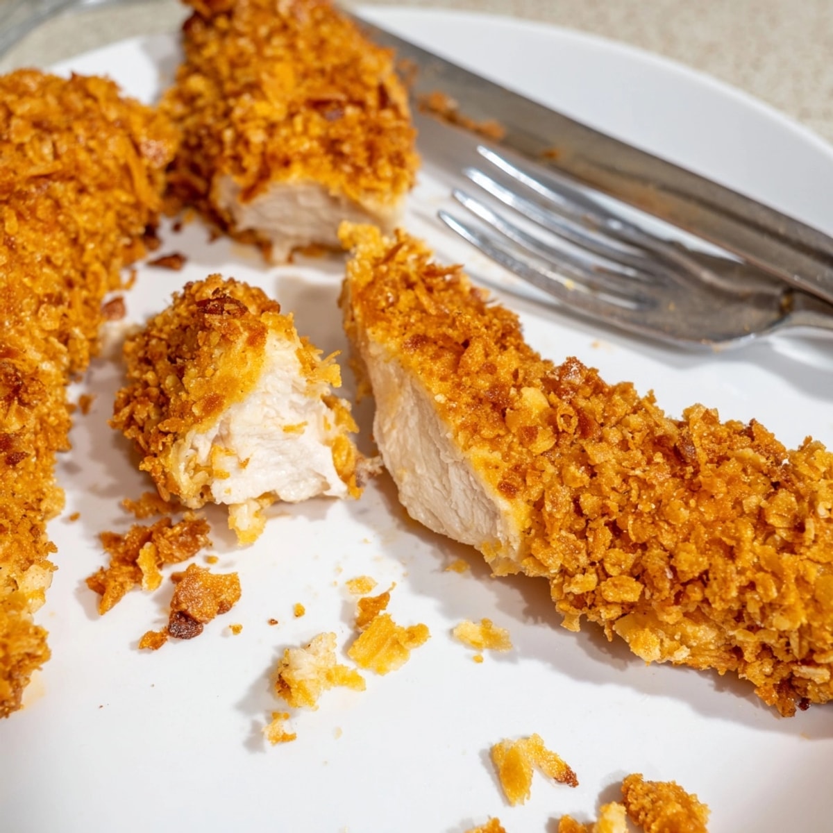 Crispy baked chicken tenders piled on a tray, golden brown and perfectly crunchy.