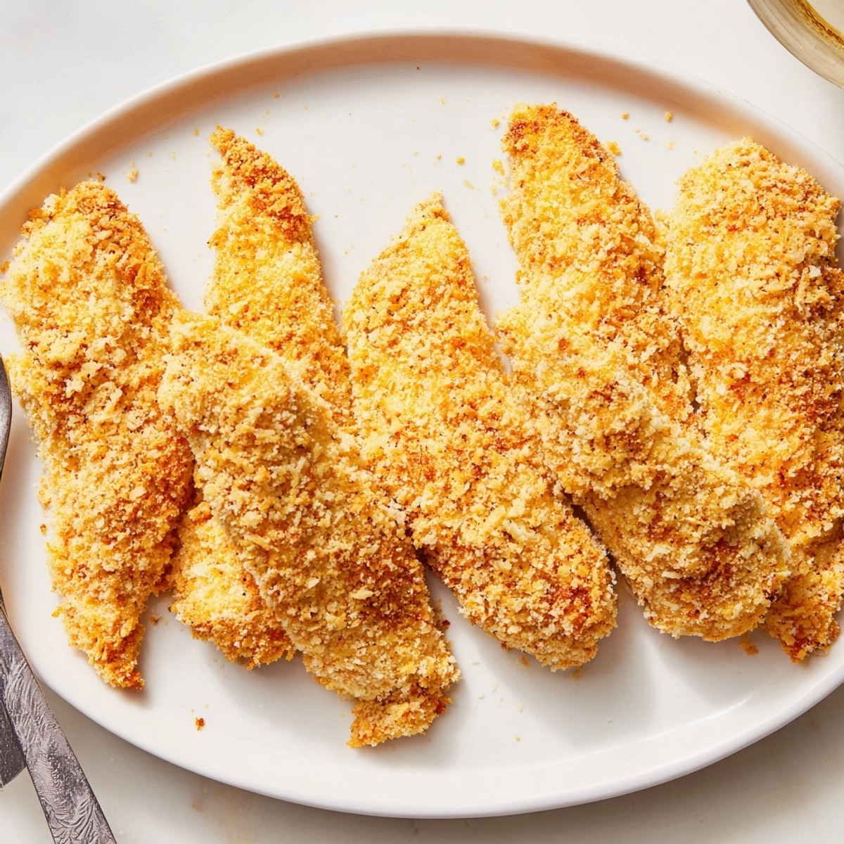 Freshly baked chicken tenders with panko coating, arranged for a family-friendly dinner presentation.