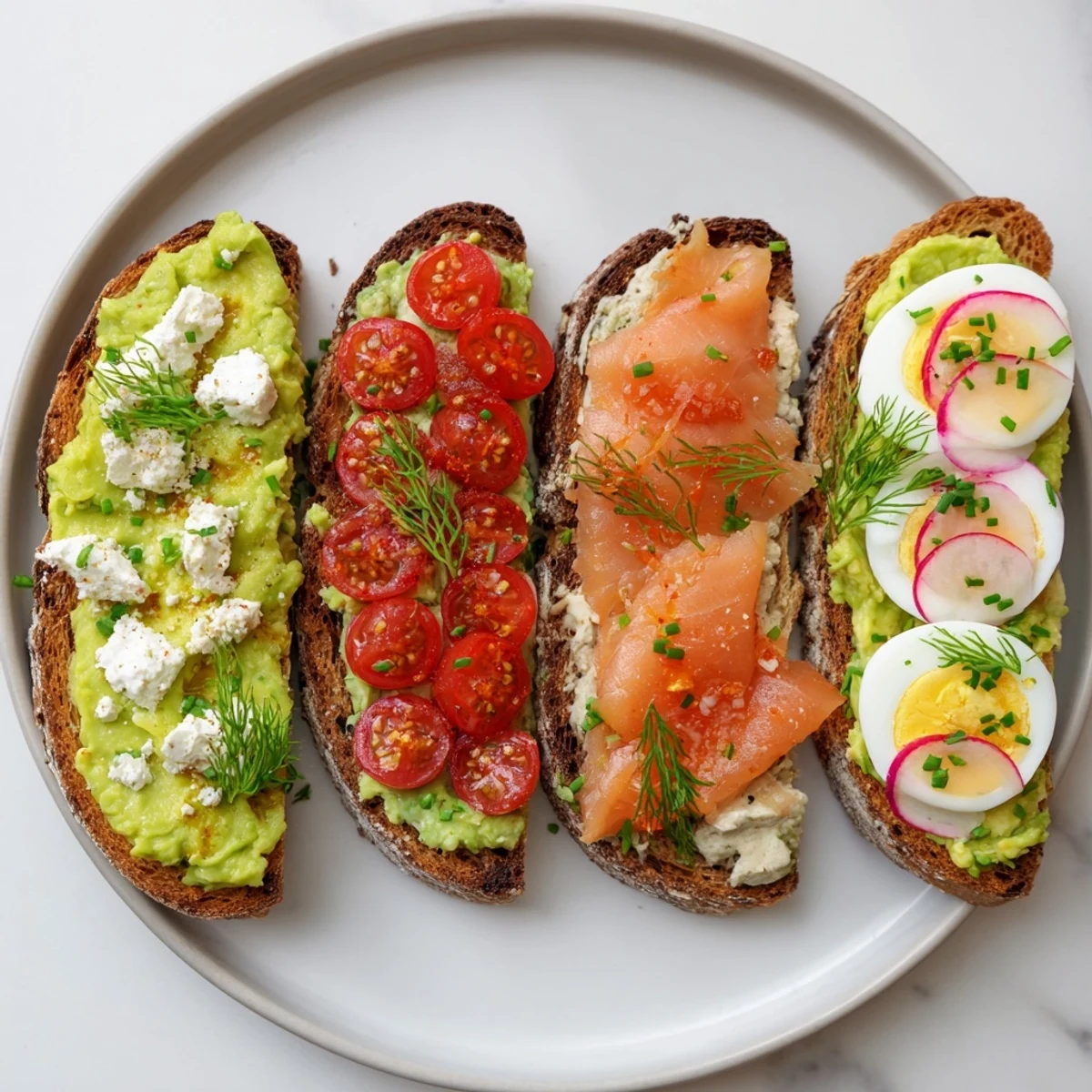 Slices of sourdough loaded with avocado toast, each topped uniquely for a delicious bite.