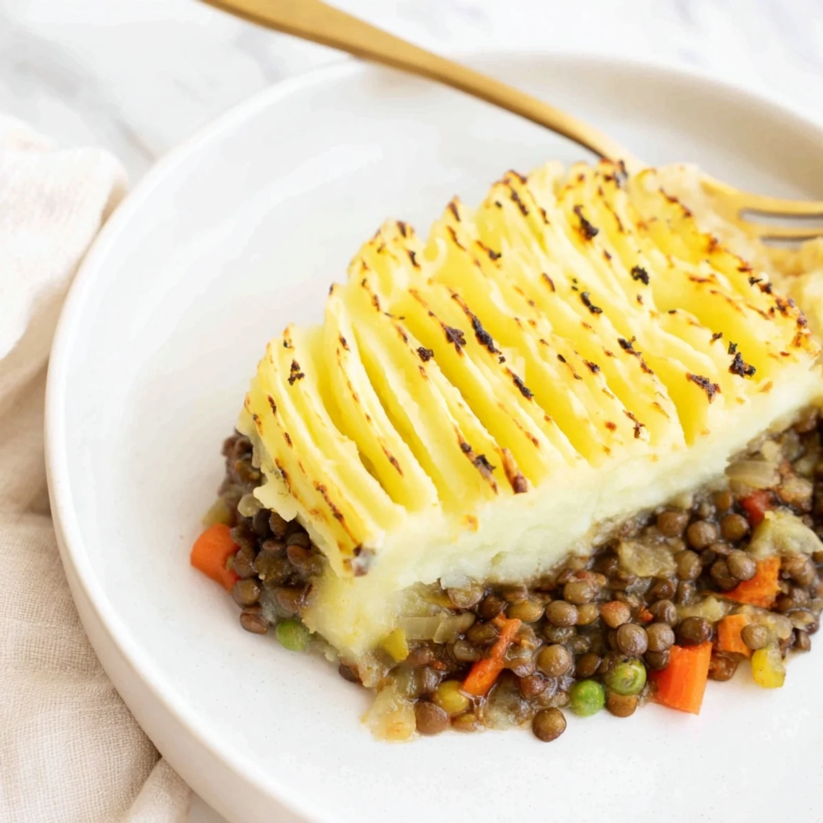 Golden-brown Hearty Lentil Shepherd's Pie with fluffy mashed potato topping, ready to serve and enjoy.