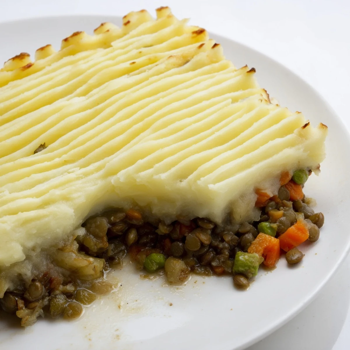 A close-up of a steaming bowl of vegan Hearty Lentil Shepherd's Pie, showcasing the hearty filling.