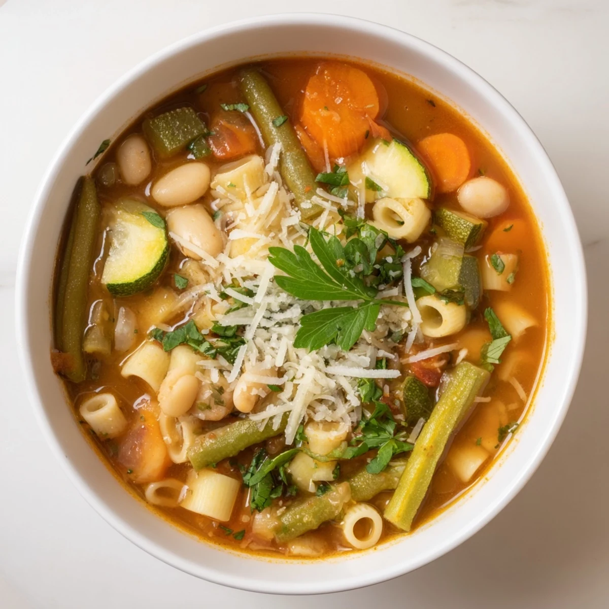A steaming bowl of Simple One-Pot Minestrone Soup with vibrant vegetables and pasta.