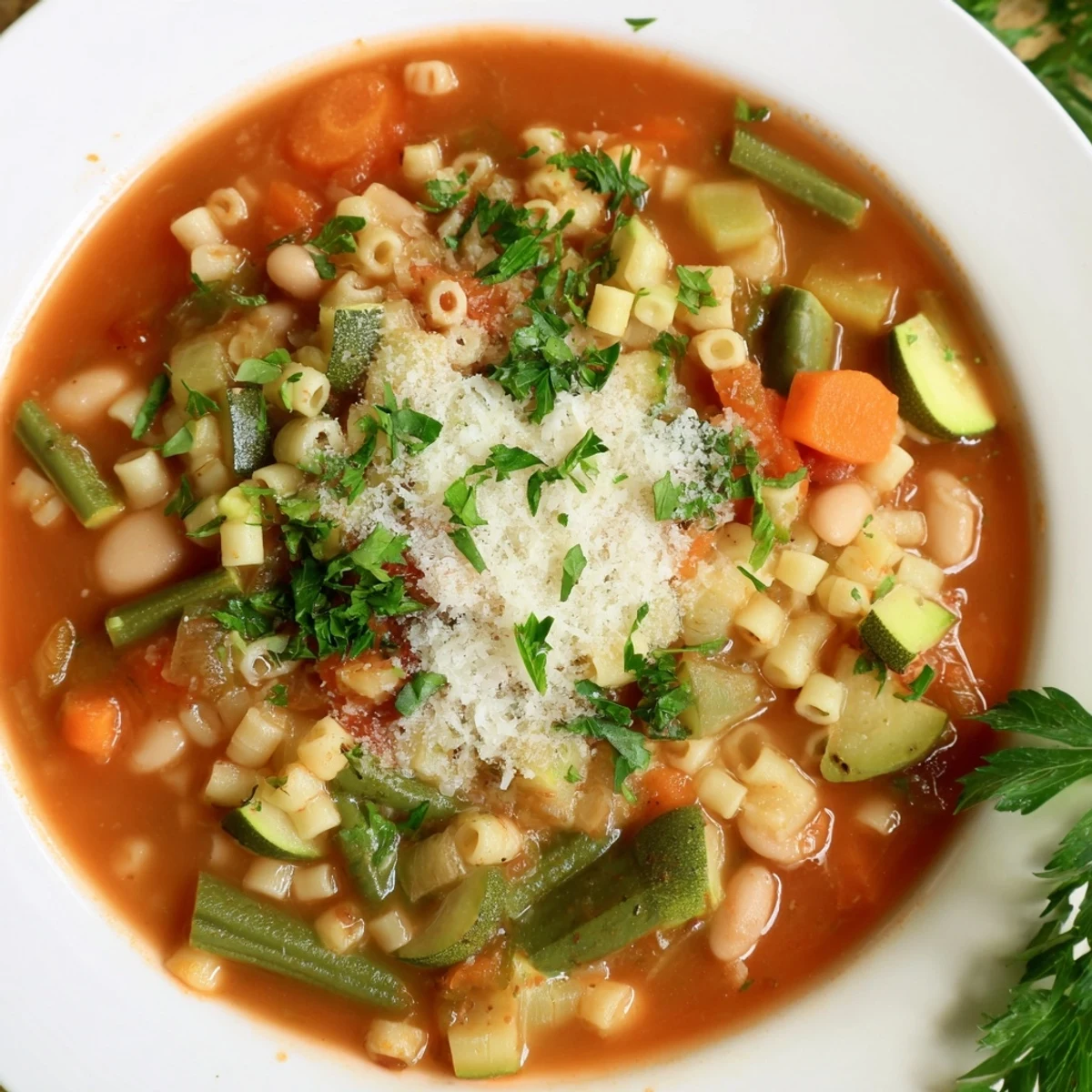 Freshly garnished Simple One-Pot Minestrone Soup; a comforting and easy Italian classic.