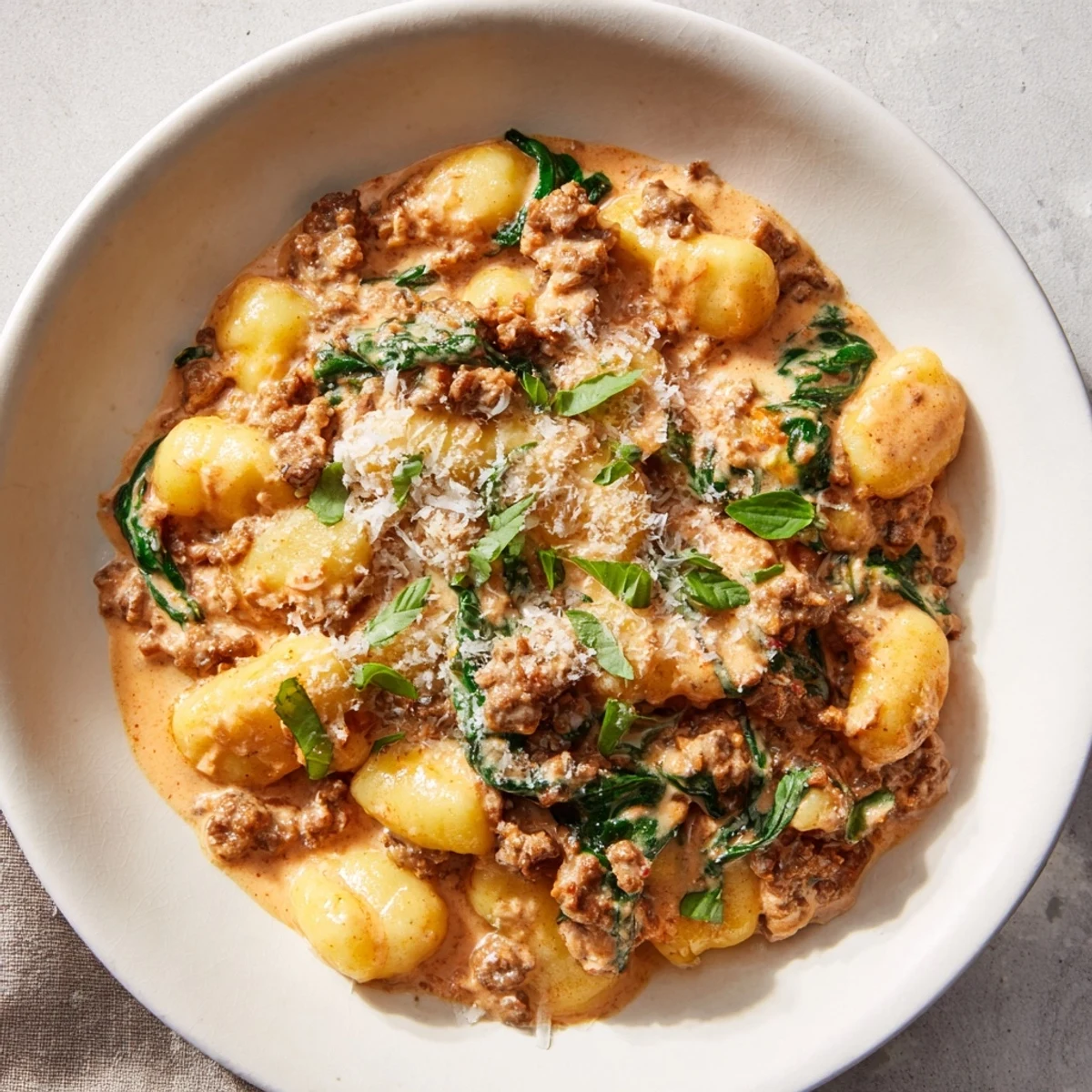 Creamy Tomato and Sausage Gnocchi: A rich, warm bowl with pillowy gnocchi and a creamy tomato sauce.