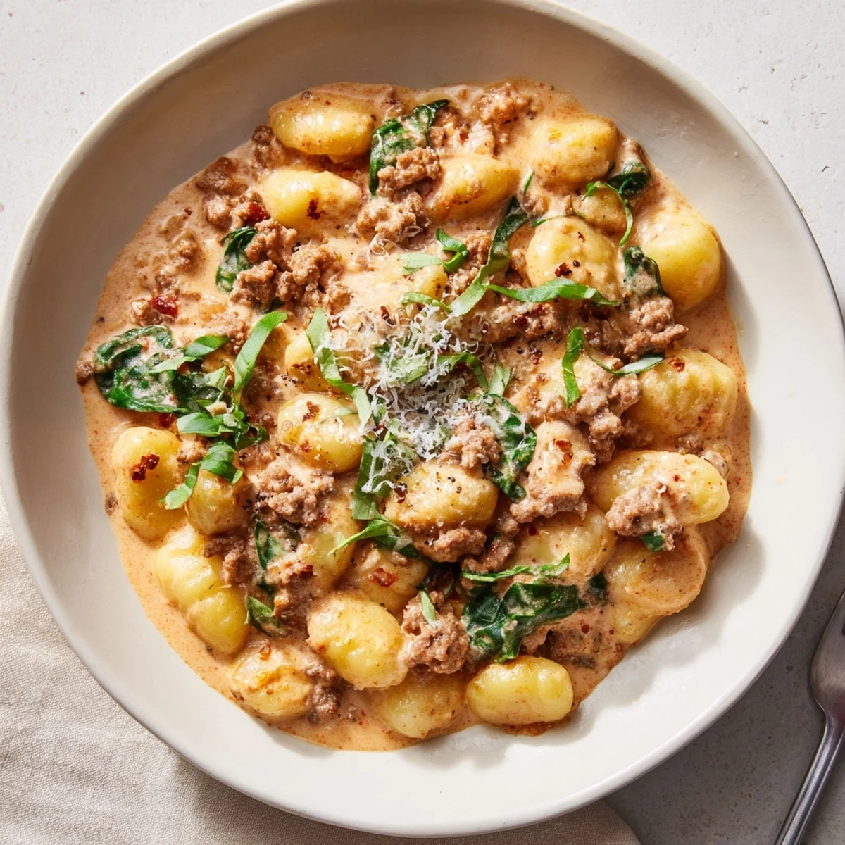 Savory Creamy Tomato and Sausage Gnocchi with hints of basil: Ready in 30 minutes for a perfect weeknight meal.