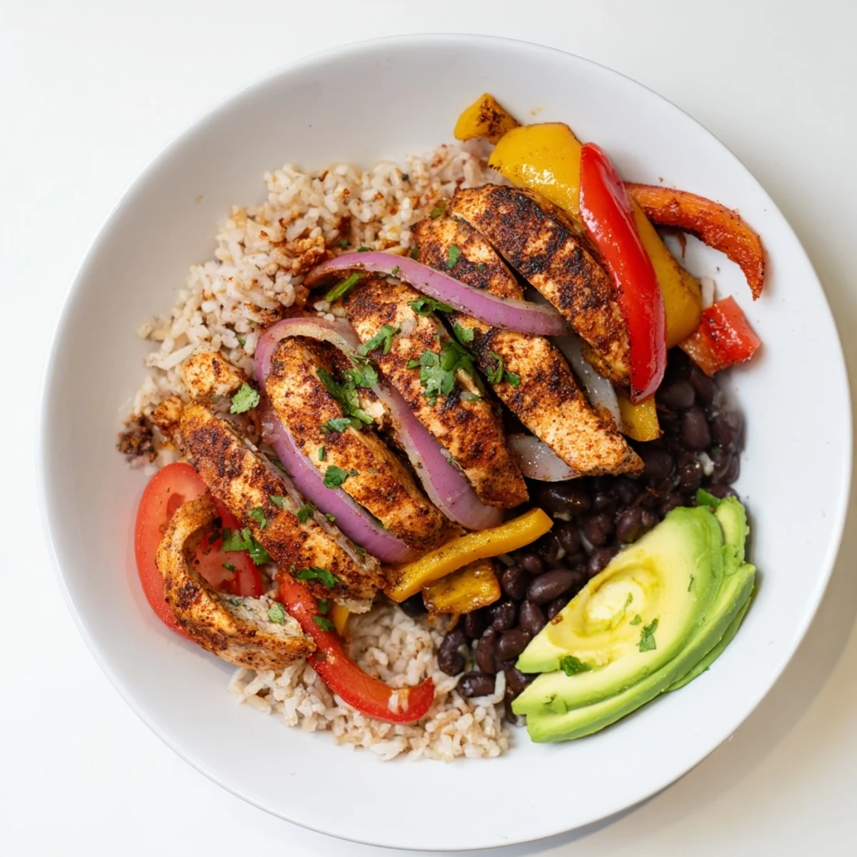 Make-Ahead Chicken Fajita Meal Prep Bowls: sizzling chicken and colorful peppers over fluffy rice, ready to eat!