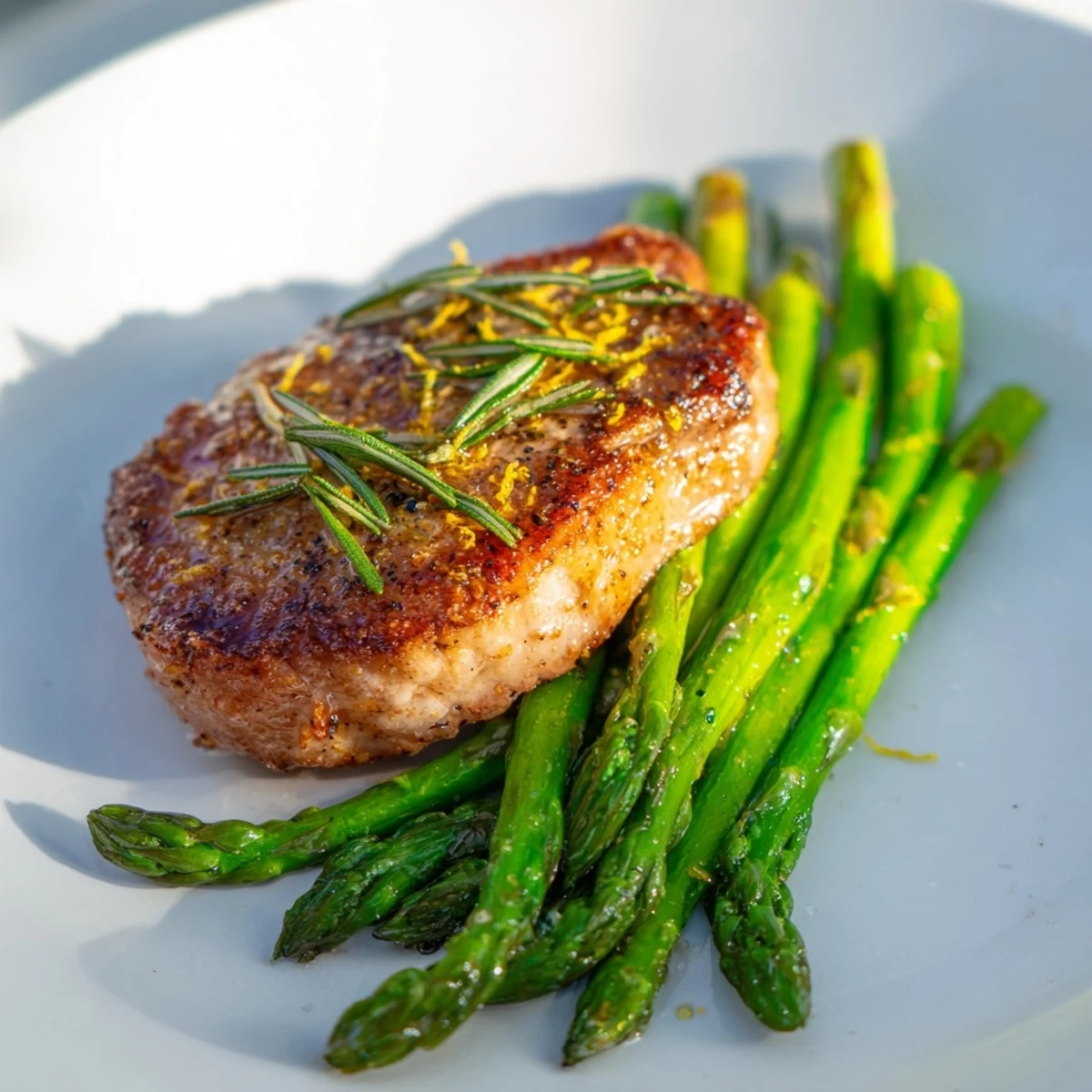 Golden-brown One-Pan Lemon Herb Pork Chops with tender asparagus, ready for a flavorful bite.