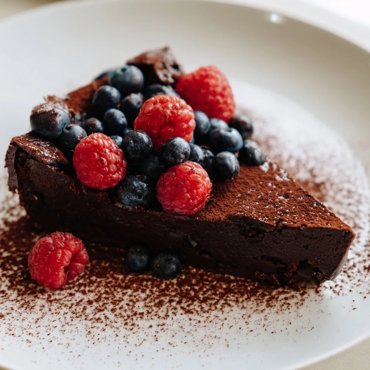 A slice of decadent flourless chocolate cake with a dusting of cocoa, ready to enjoy.