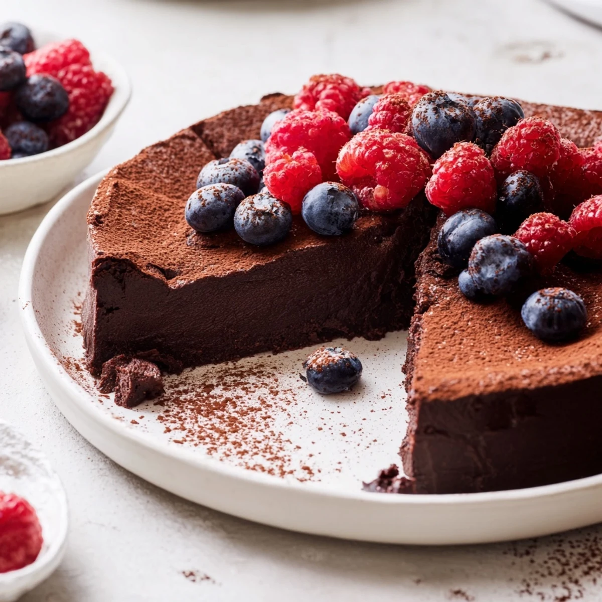Indulge in a smooth, rich flourless chocolate cake, served with fresh berries and sweetness.