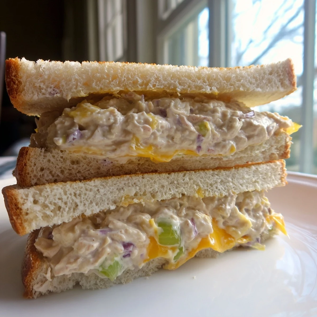 Golden, melty Classic Tuna Melt Sandwich with bubbly cheese between toasted bread, ready to eat.