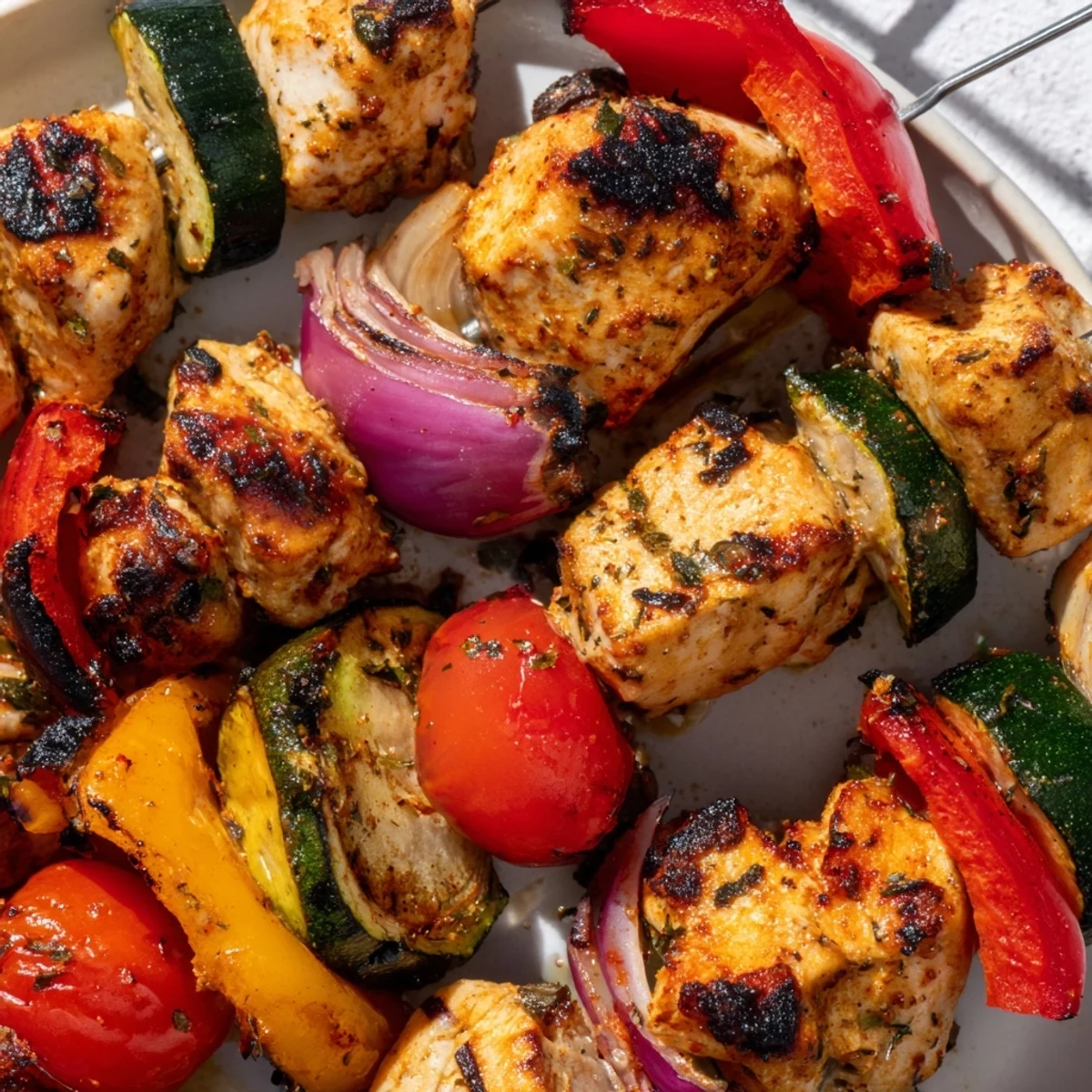 Chicken and Veggie Skewers are a healthy and delicious meal, showing off fresh, grilled ingredients.