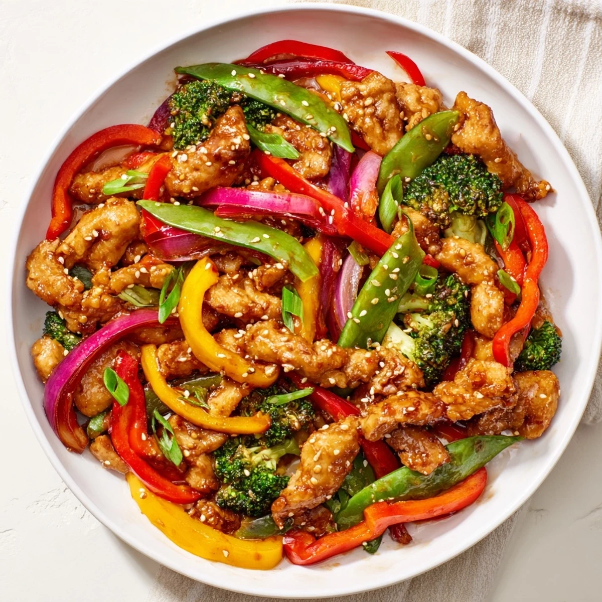 Sheet Pan Chicken Stir-Fry with tender chicken, colorful veggies, and a glistening sauce, ready to serve.