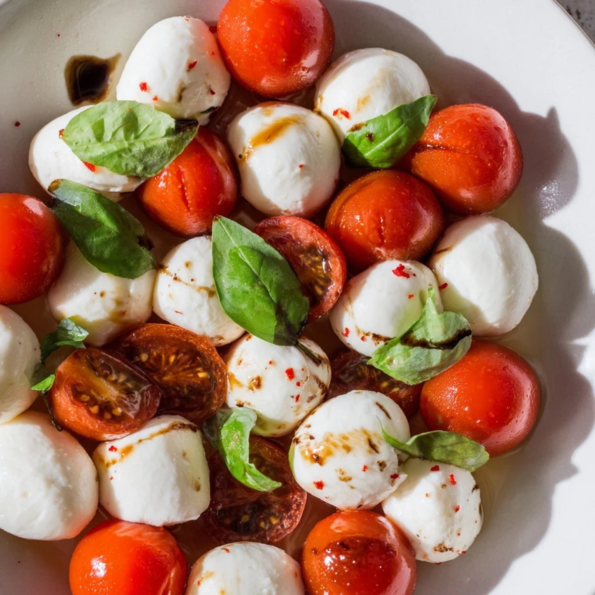Fresh Caprese Salad Skewers glistening with balsamic glaze, a perfect party appetizer with vibrant colors.