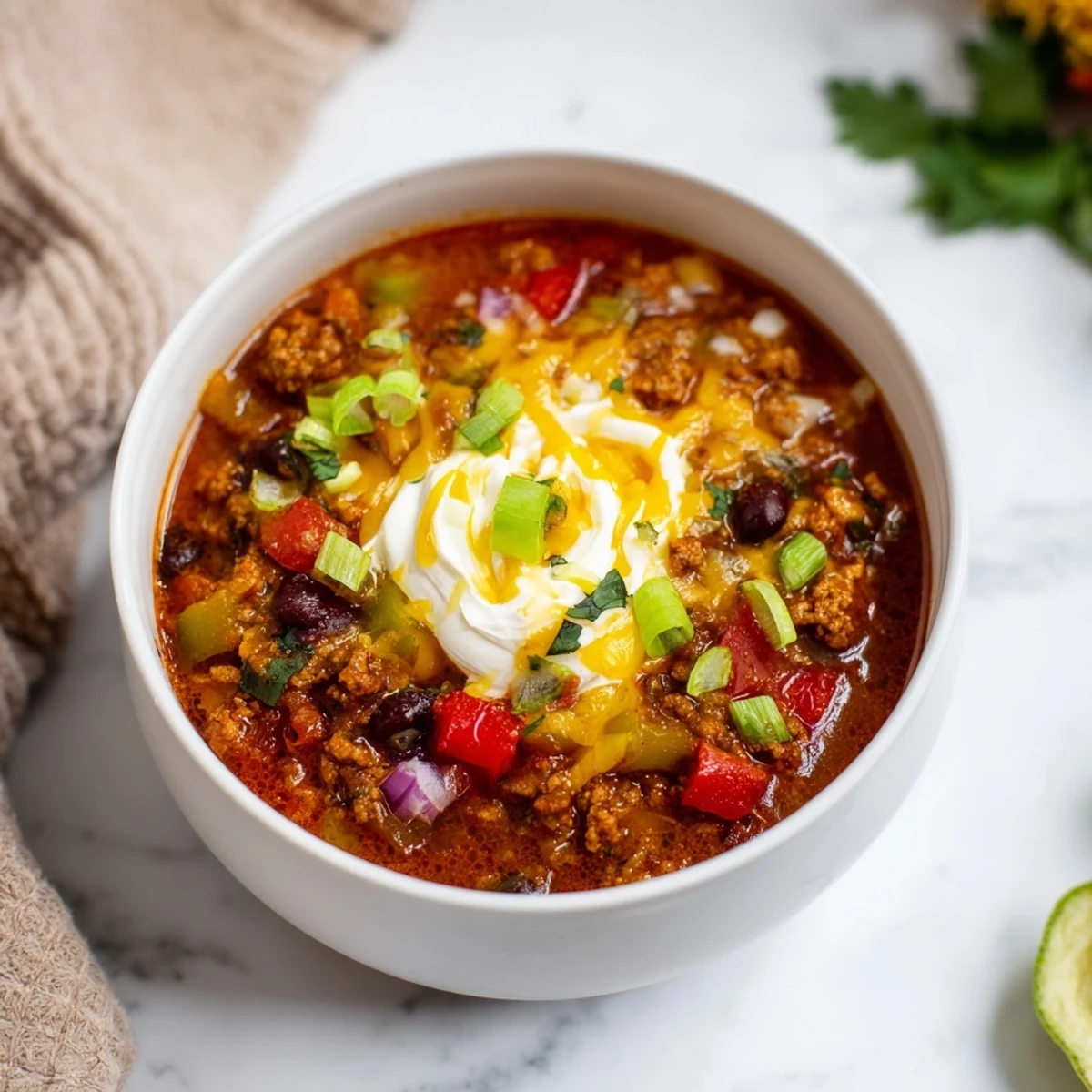A steaming bowl of Winter Warming Chili con Carne, with rich brown beef and colorful peppers.