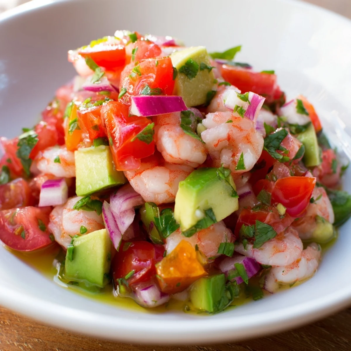 Vibrant Light & Fresh Shrimp Ceviche with diced tomatoes, creamy avocado, and fresh cilantro, anticipating a tangy bite.