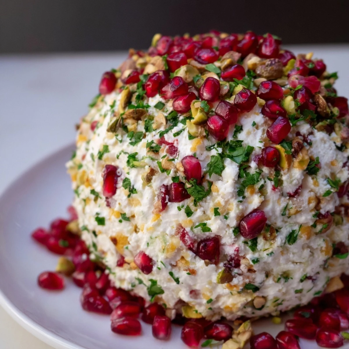 A beautiful photo of The Royal Orb cheese ball glistening with pomegranate jewels, ready to be served.