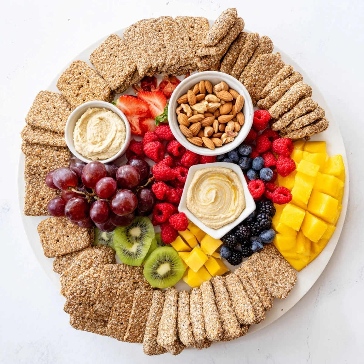 A vibrant "Hidden Oasis" appetizer: Fresh fruits and creamy dips surrounded by crisp crackers.
