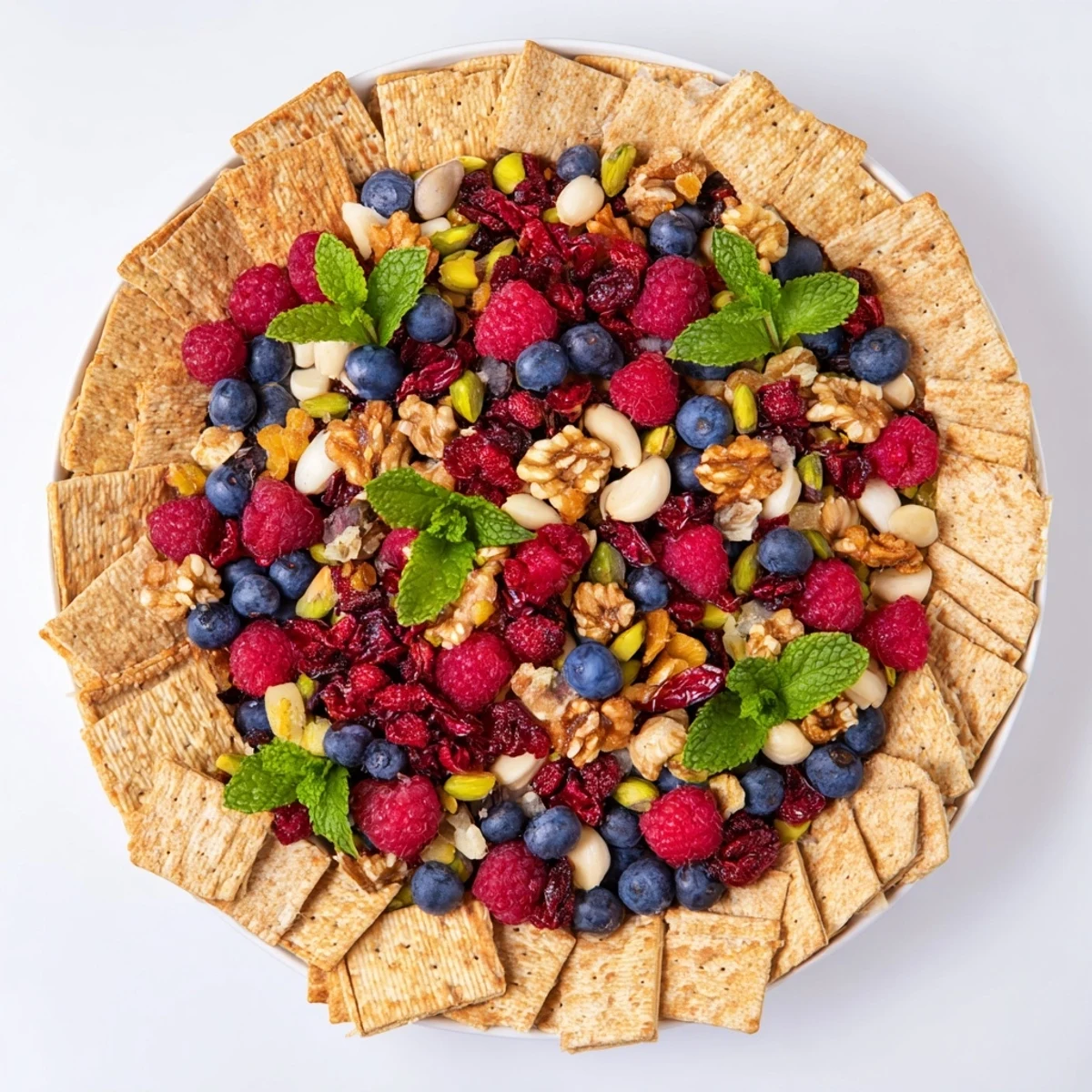 The Picket Fence appetizer: A colorful arrangement of nuts and berries within a cracker border.