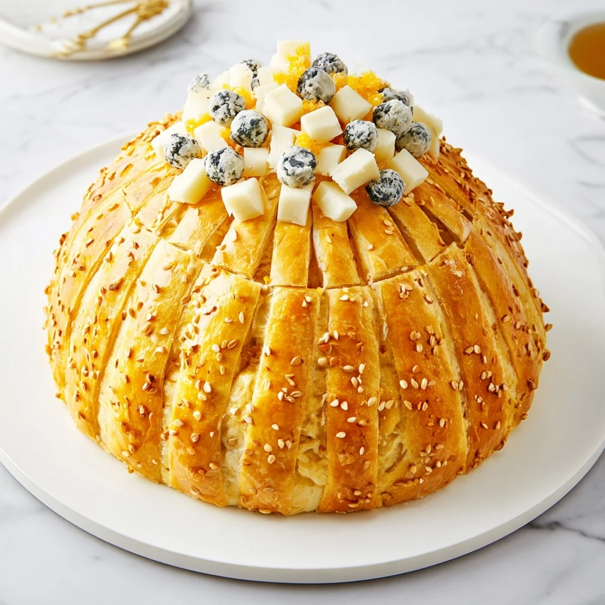 Golden-brown breadsticks form a stunning Gilded Cage around a rich cheese assortment, ready to serve.