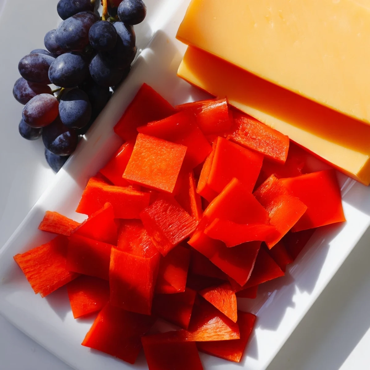 Vibrant Bauhaus Block appetizer shows red pepper, yellow cheese, and blue grapes in a geometric design.