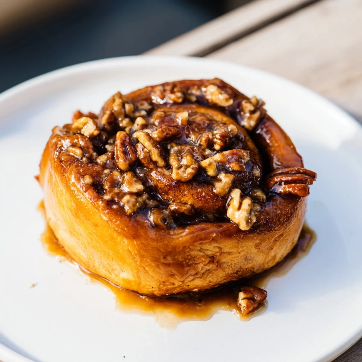 A close-up of freshly baked Pecan and Honey Sticky Buns, inviting you with their sweet, sticky goodness.