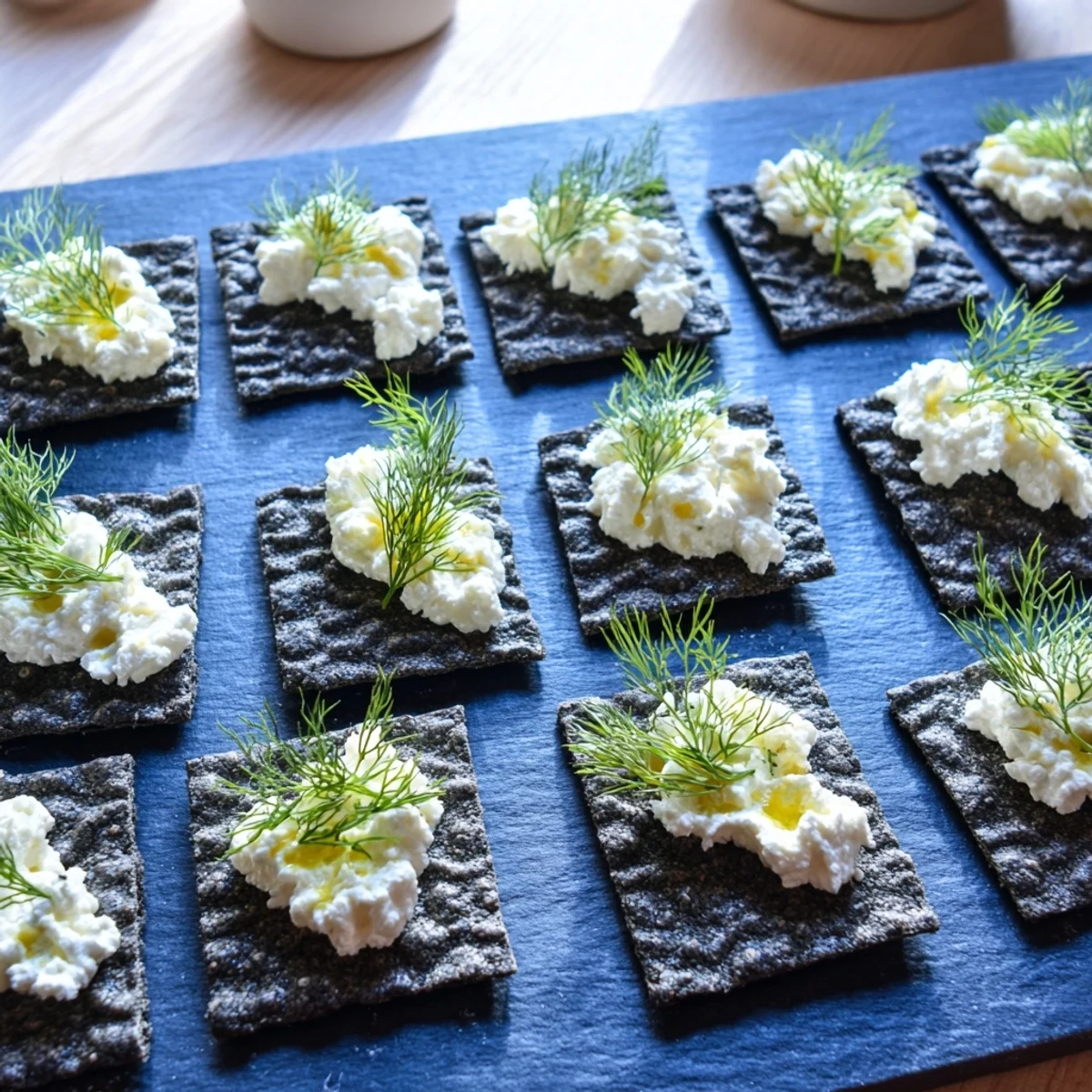 The Stormy Sea appetizer features crisp crackers and tangy goat cheese "whitecaps" arranged on a dark slate.