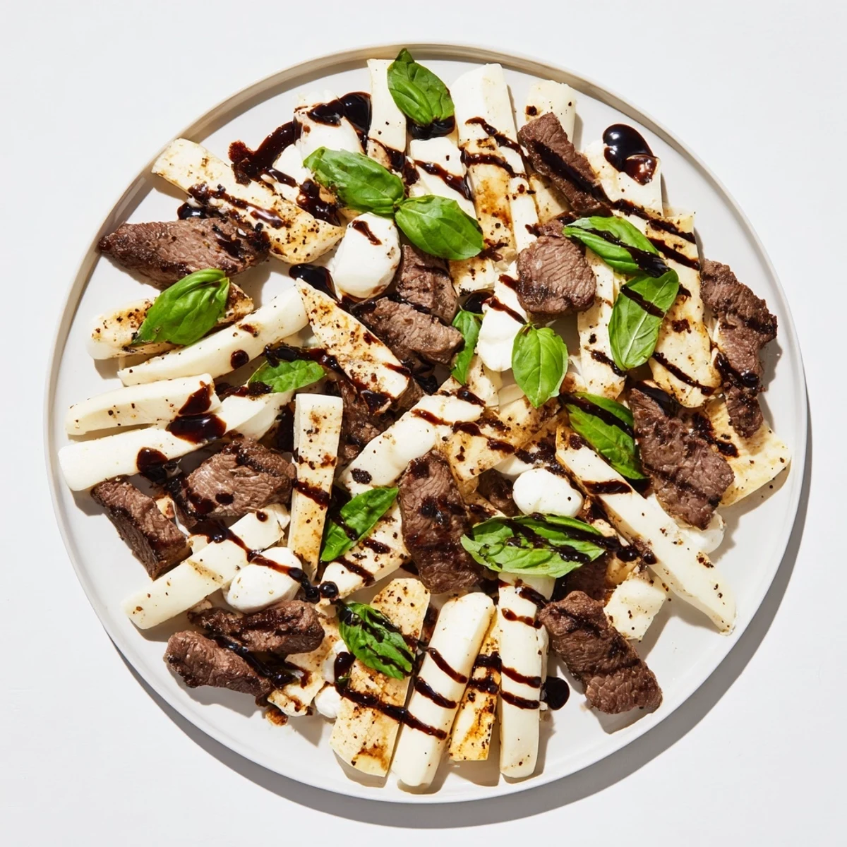 Appetizing Safari Stripes appetizer, showcasing tender meats and creamy cheeses, drizzled with sweet balsamic glaze.
