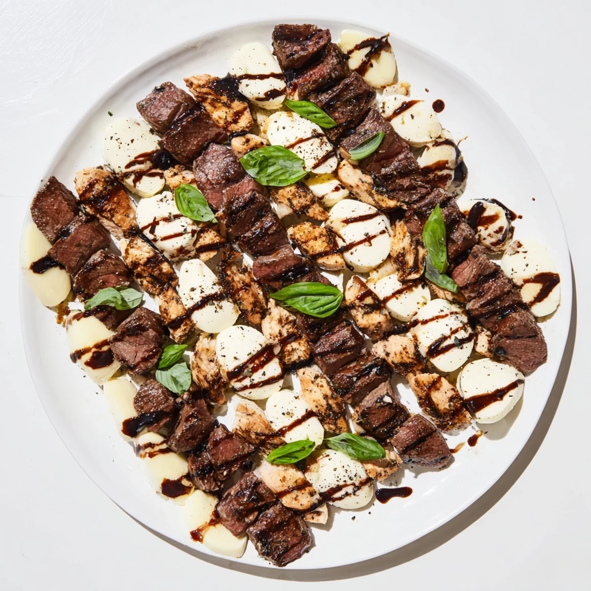 Beautiful Safari Stripes appetizer arrangement: alternating strips of beef, chicken, mozzarella, and feta cheese, ready to serve.