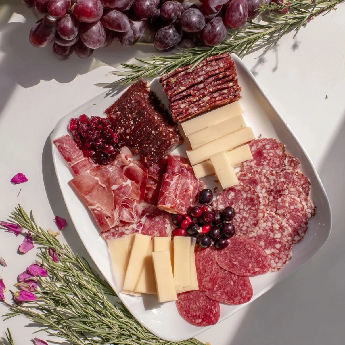 The Crimson Crest charcuterie board, a savory arrangement of red meats, cheeses, and accompanying treats.