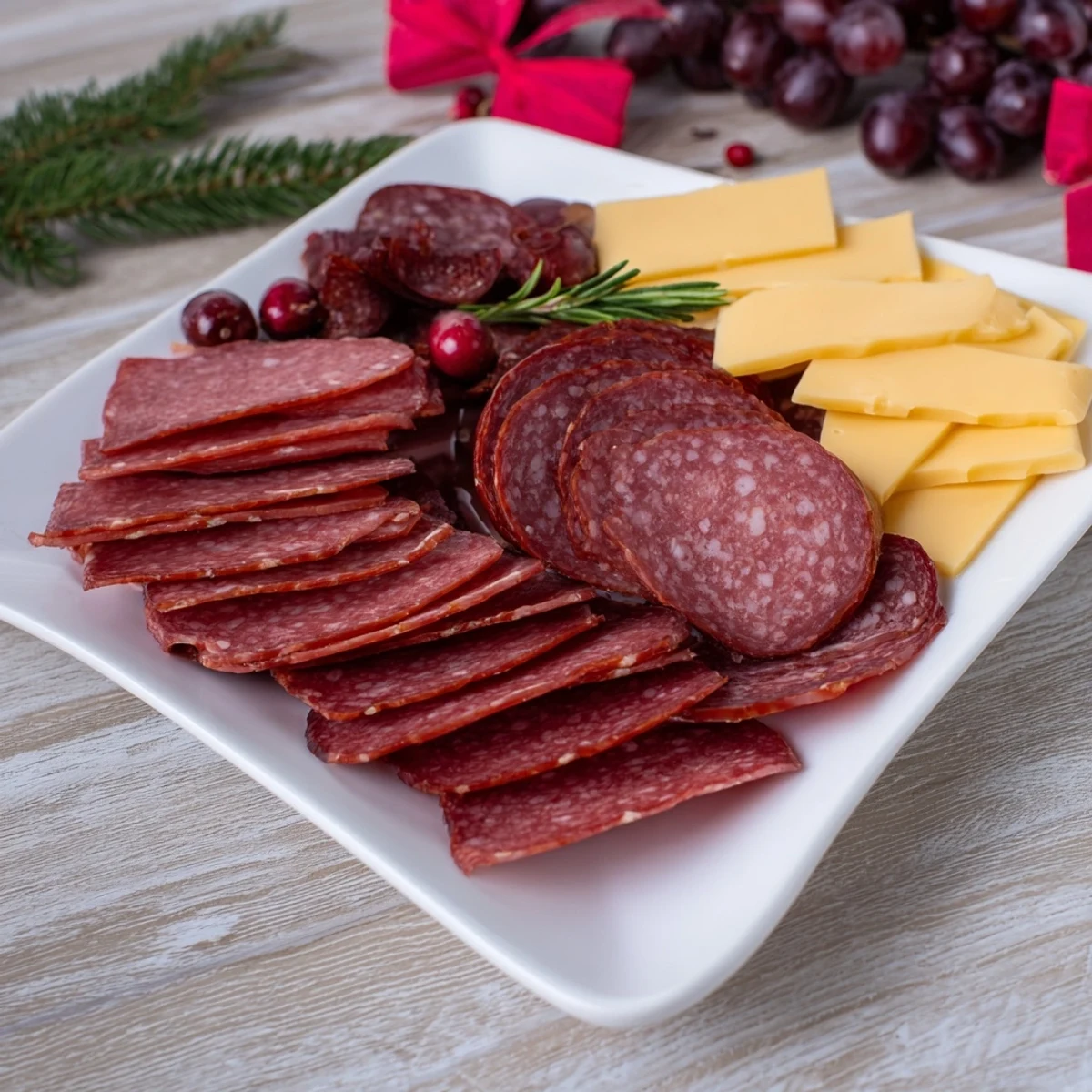A close-up view of The Crimson Crest; a charcuterie board with vibrant red meats and cheeses.