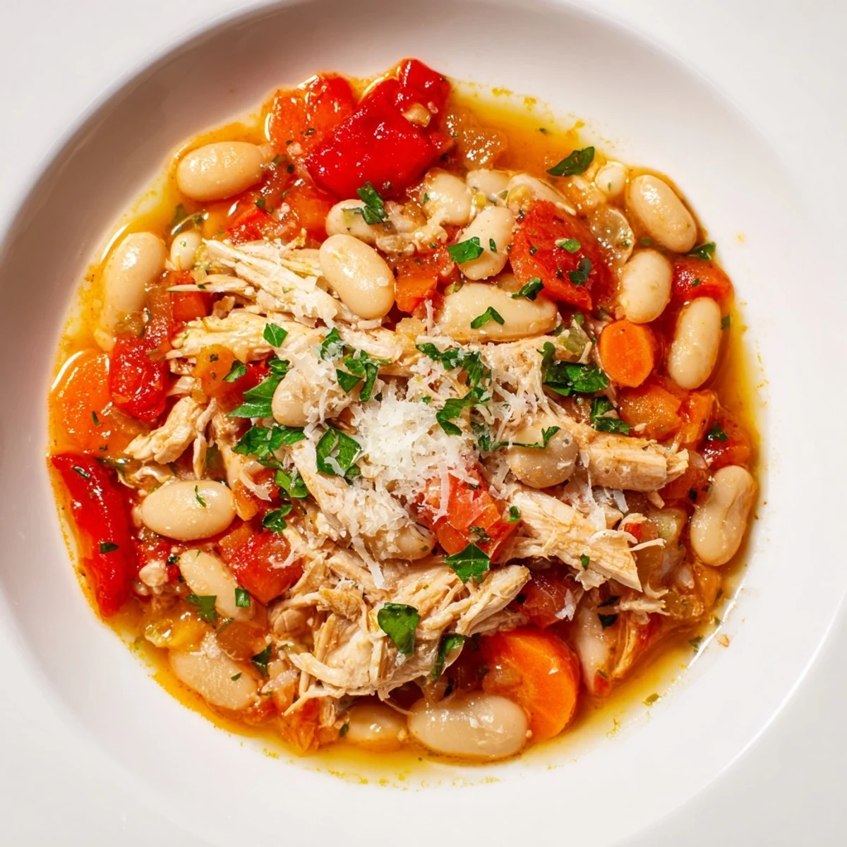 Hearty white bean and roasted red pepper chicken stew, a comforting bowl filled with savory chicken and vegetables.