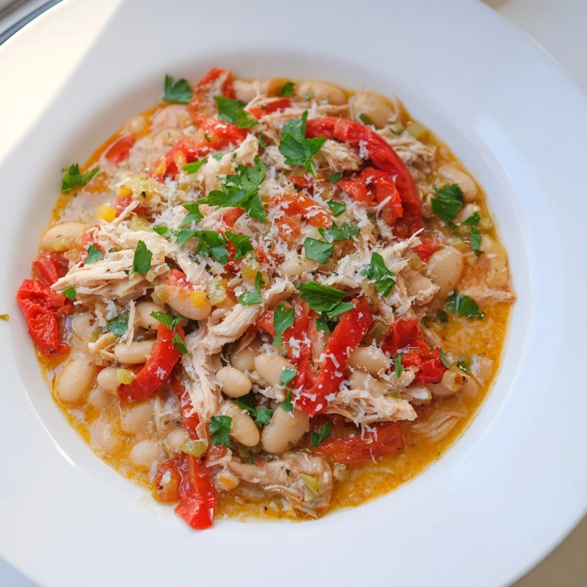 Golden, slightly caramelized white bean and roasted red pepper chicken, perfect for a cozy weeknight dinner; a gluten-free meal.