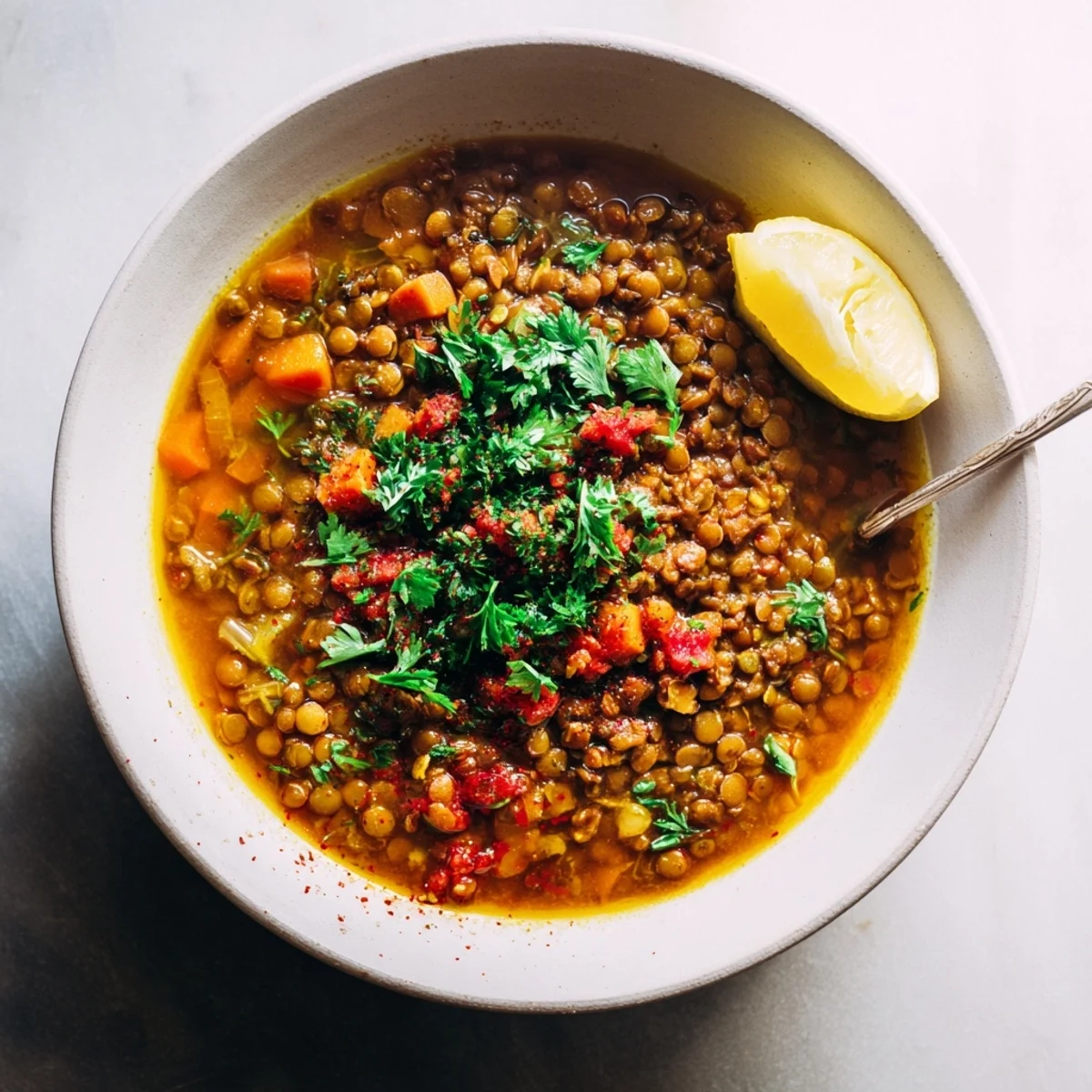 Middle Eastern Lentil and Chickpea Stew, a vibrant, comforting stew served with fresh parsley garnish.