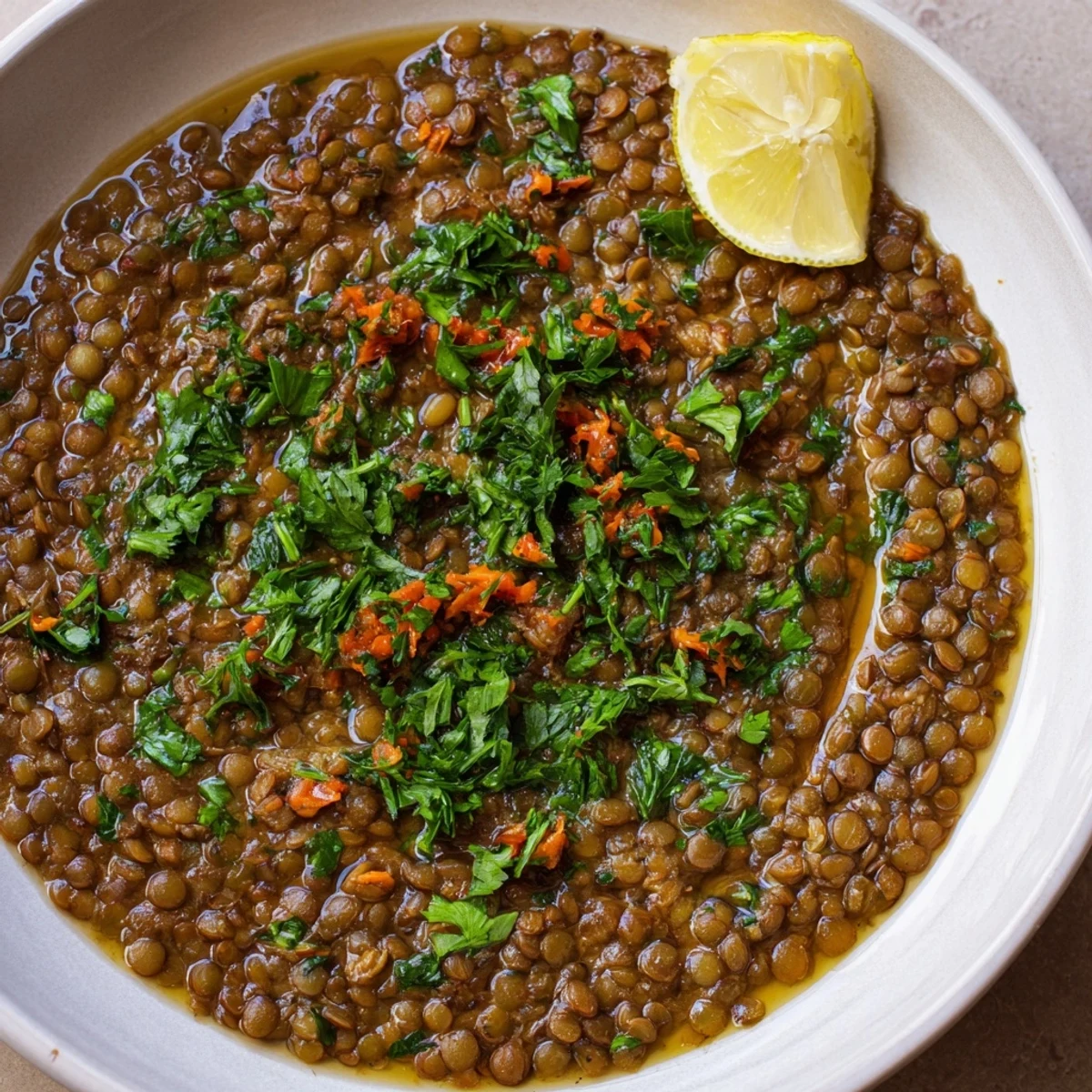 Steaming bowl of delicious Middle Eastern Lentil and Chickpea Stew, perfect with a squeeze of lemon.