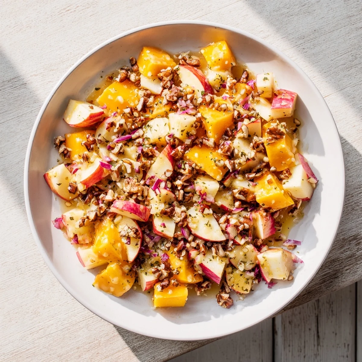 Fall Harvest Apple and Chickpea Salad: a colorful image shows a fresh salad with crisp apples and walnuts.