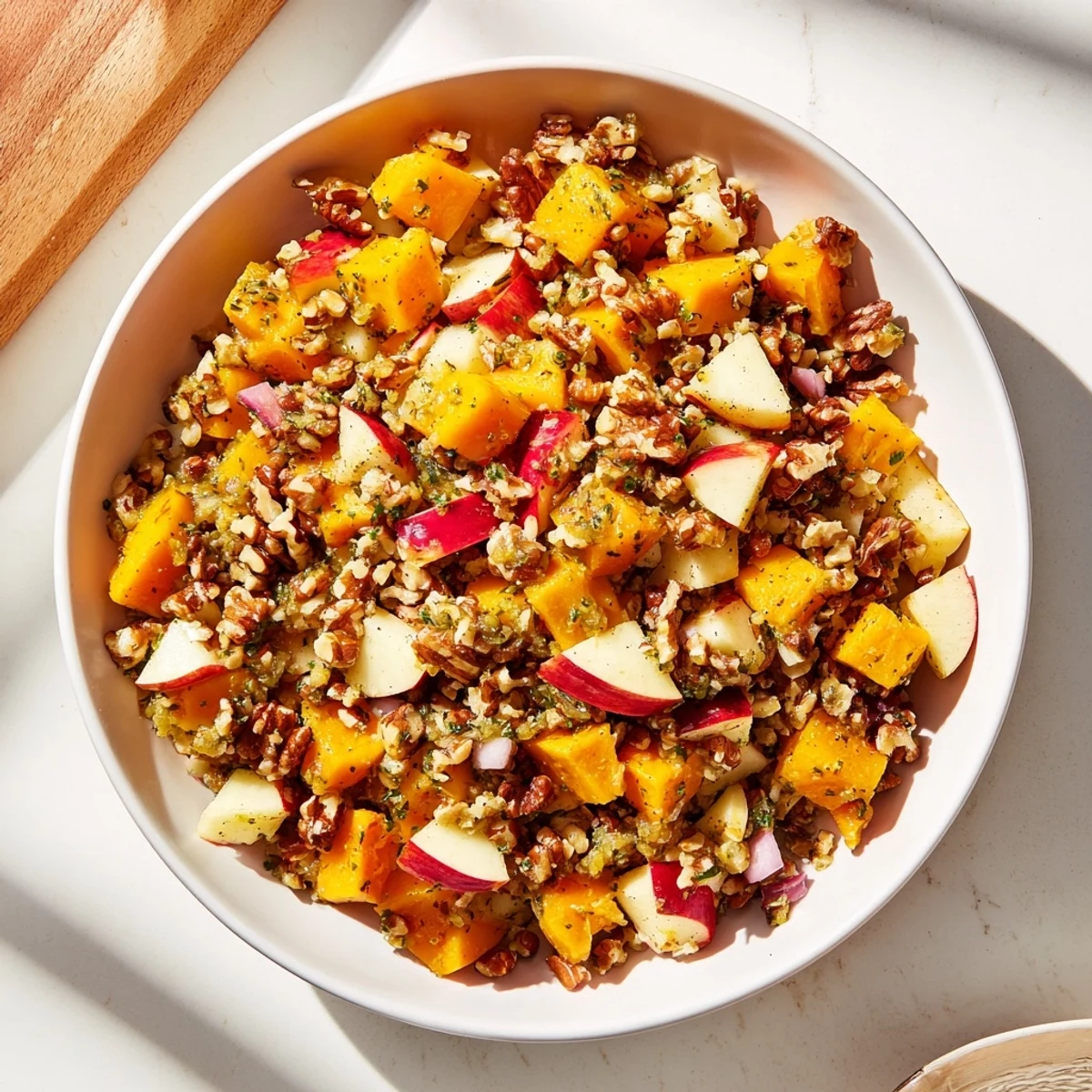 Enjoy a bowl of Fall Harvest Apple and Chickpea Salad, tossed in a honey-mustard dressing, ready to eat.