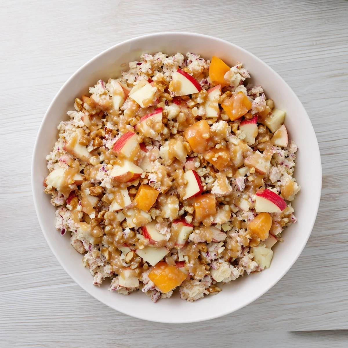 Close-up of Fall Harvest Apple and Chickpea Salad: vibrant apple pieces and chickpeas in a delicious autumn salad.