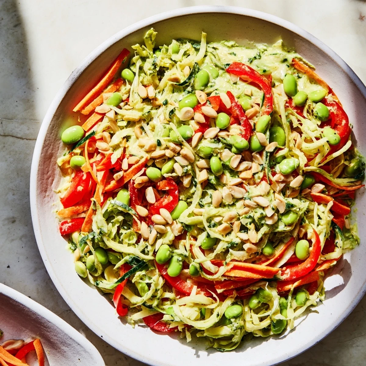Vibrant Crunchy Cabbage and Edamame Salad with colorful veggies and creamy Green Goddess dressing.