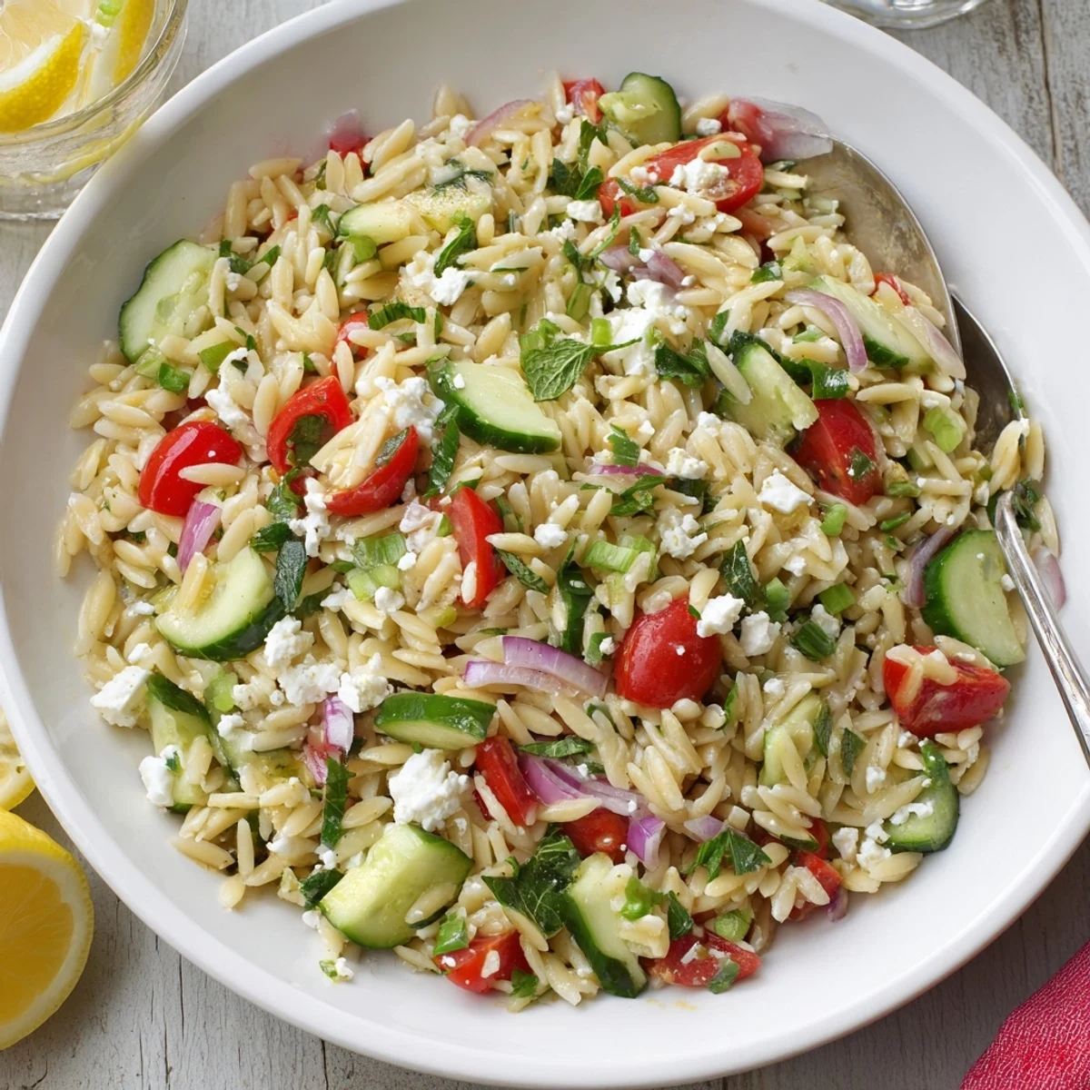 A colorful bowl of Greek Lemon-Orzo Bean Salad bursts with fresh herbs and a zesty vinaigrette.