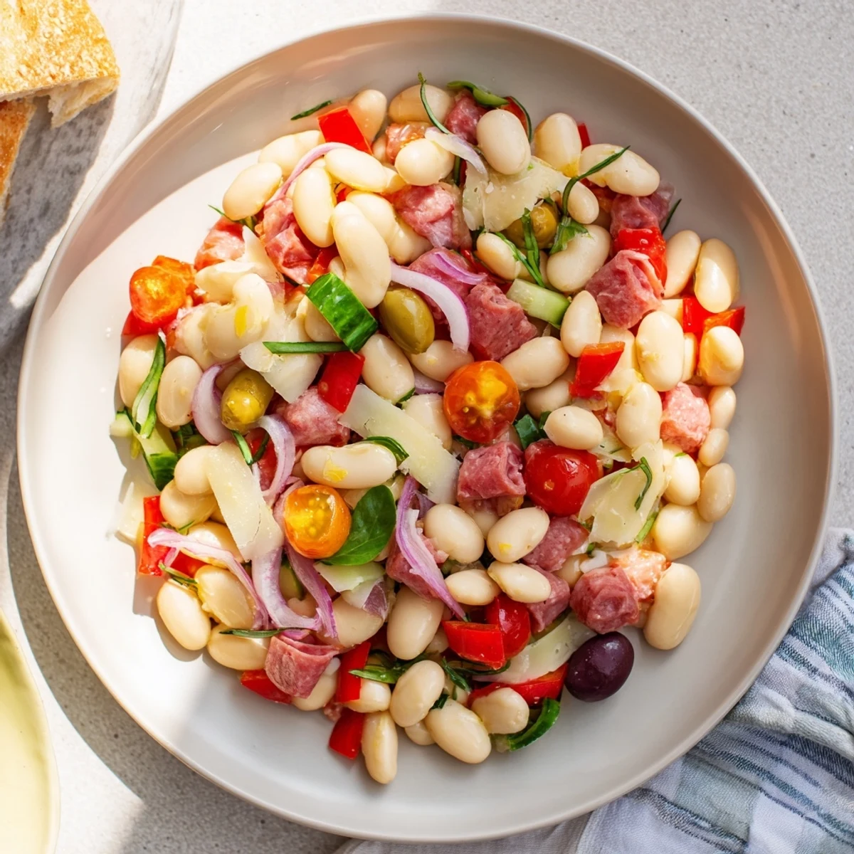 A colorful bowl of Italian antipasto bean salad, perfectly seasoned with Italian dressing and olives.