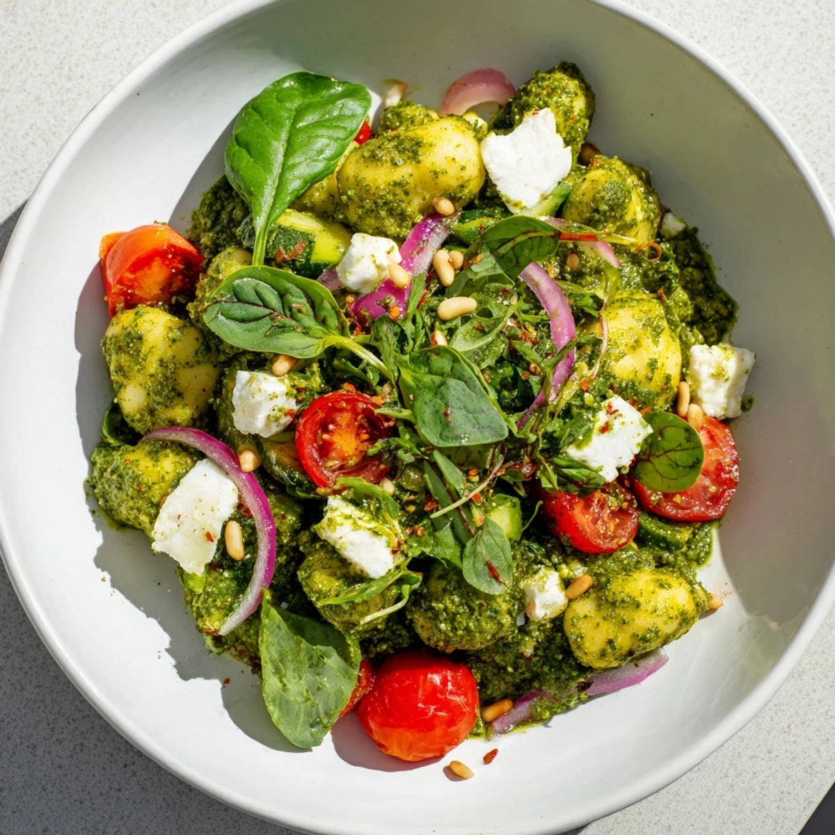 Fresh Pesto Chickpea and Spinach Salad, bursting with vibrant colors and drizzled with pesto dressing.