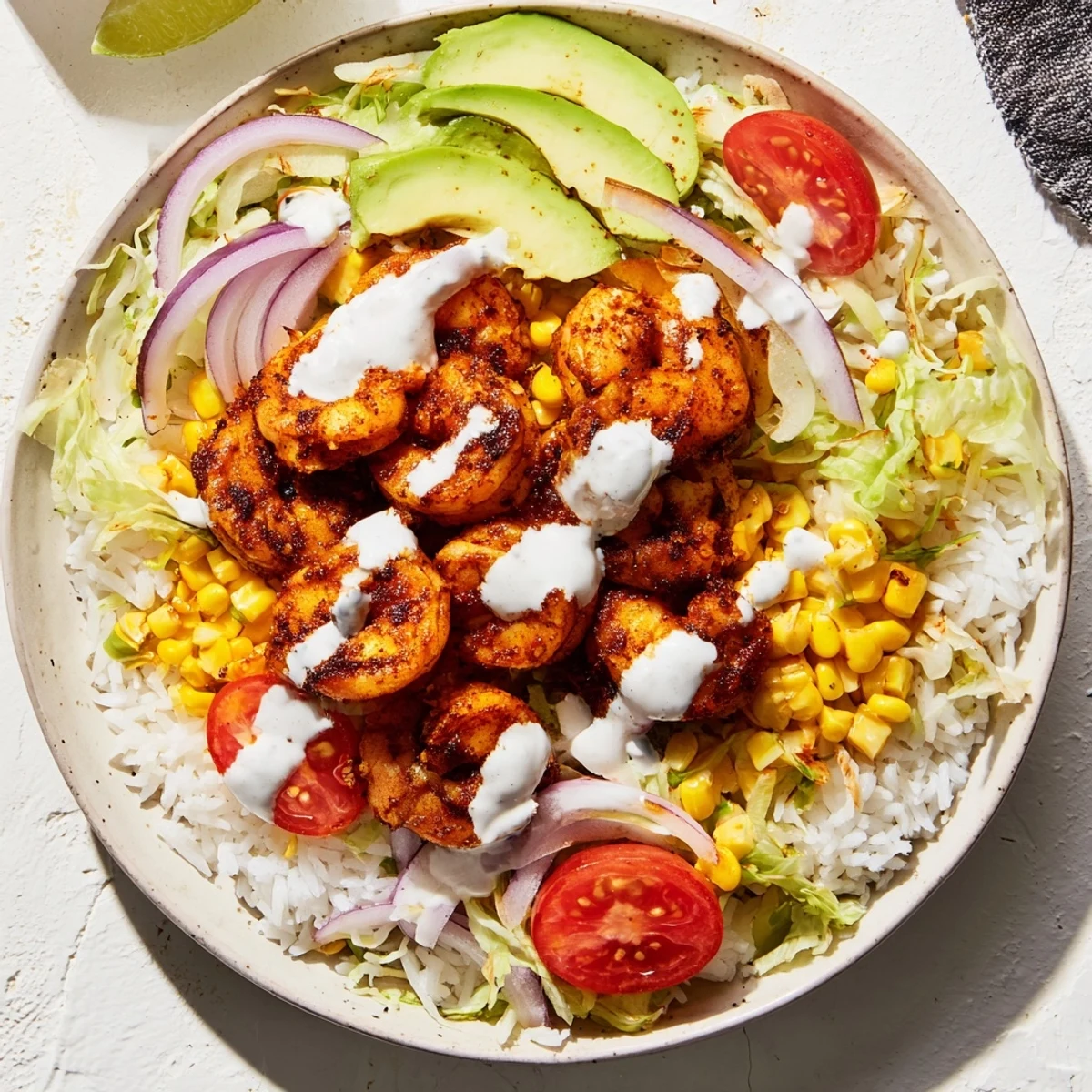 Bright and flavorful: a Cajun Shrimp Taco Bowl with colorful veggies, ready to enjoy.