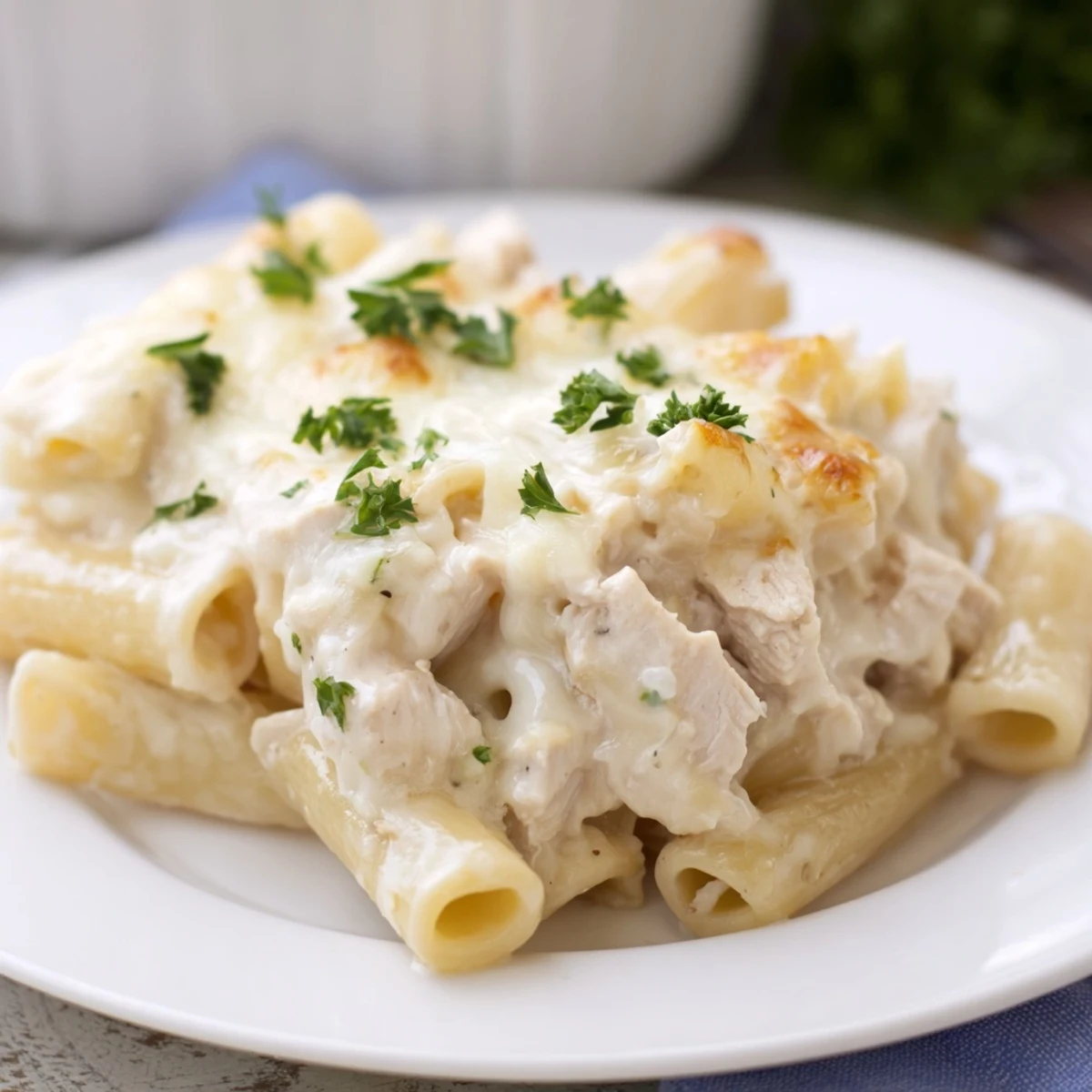 A close-up shot of creamy Chicken Alfredo Bake, hinting at the savory aroma of baked pasta.