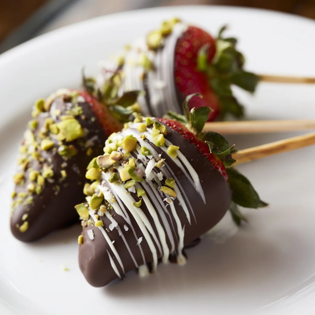 Enjoy festive Chocolate-Dipped Strawberry Skewers; fresh, flavorful strawberries hand-dipped in rich, dark chocolate.