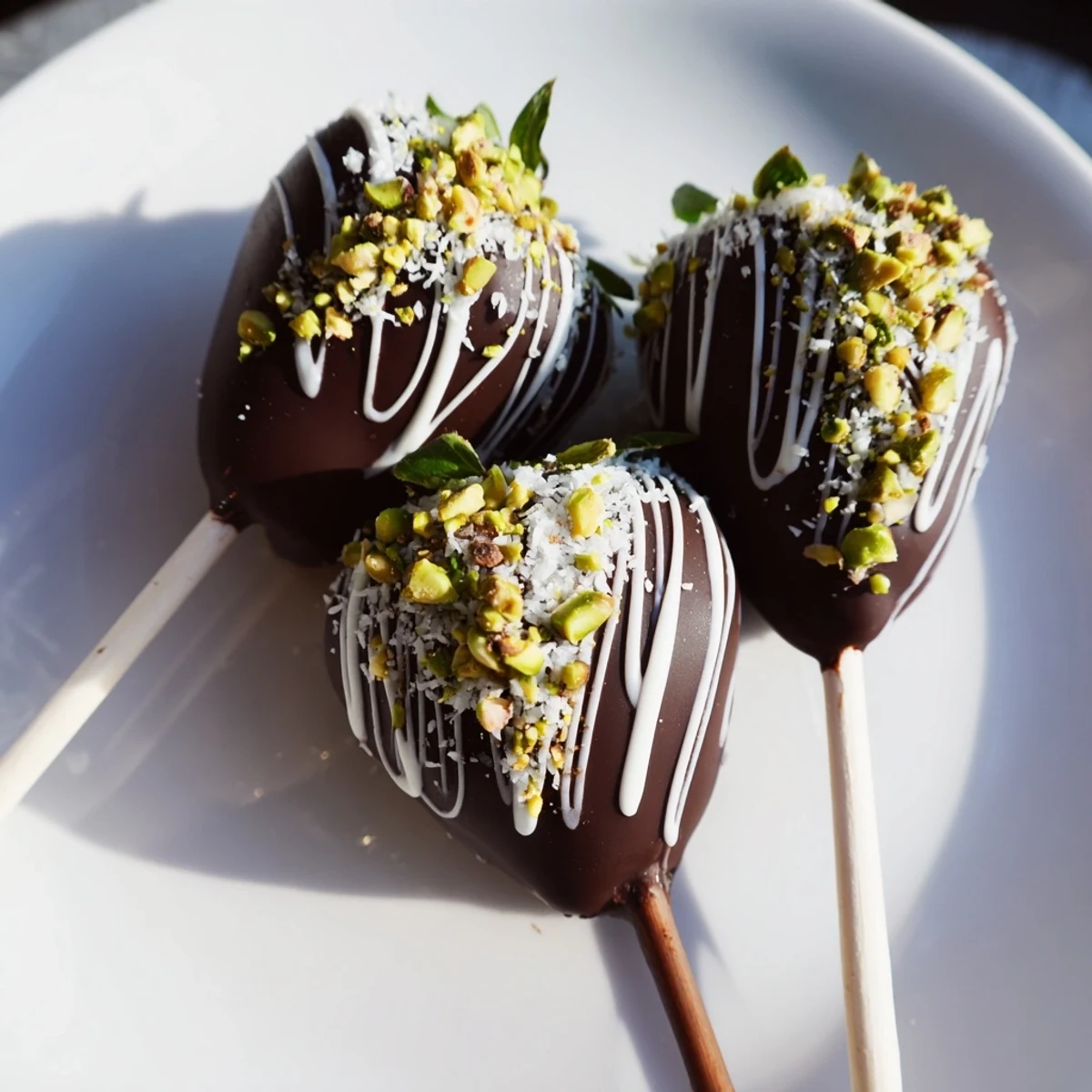 Chocolate-Dipped Strawberry Skewers: vibrant, juicy strawberries encased in luscious dark chocolate, ready to enjoy.