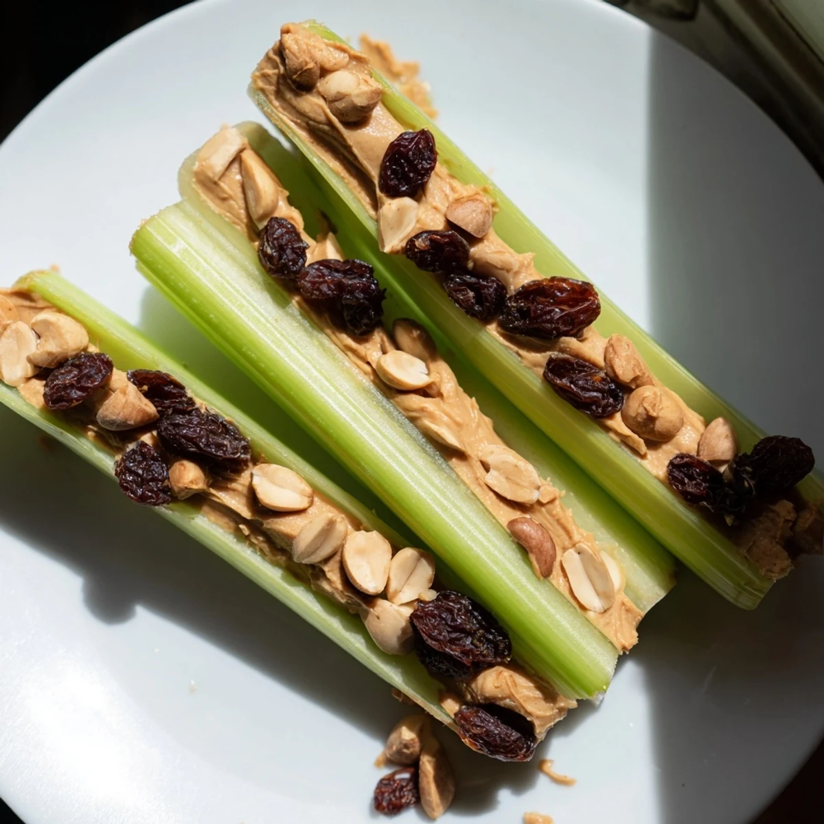 Close-up shot shows creamy peanut butter expertly filling fresh, green Peanut Butter Celery Sticks.
