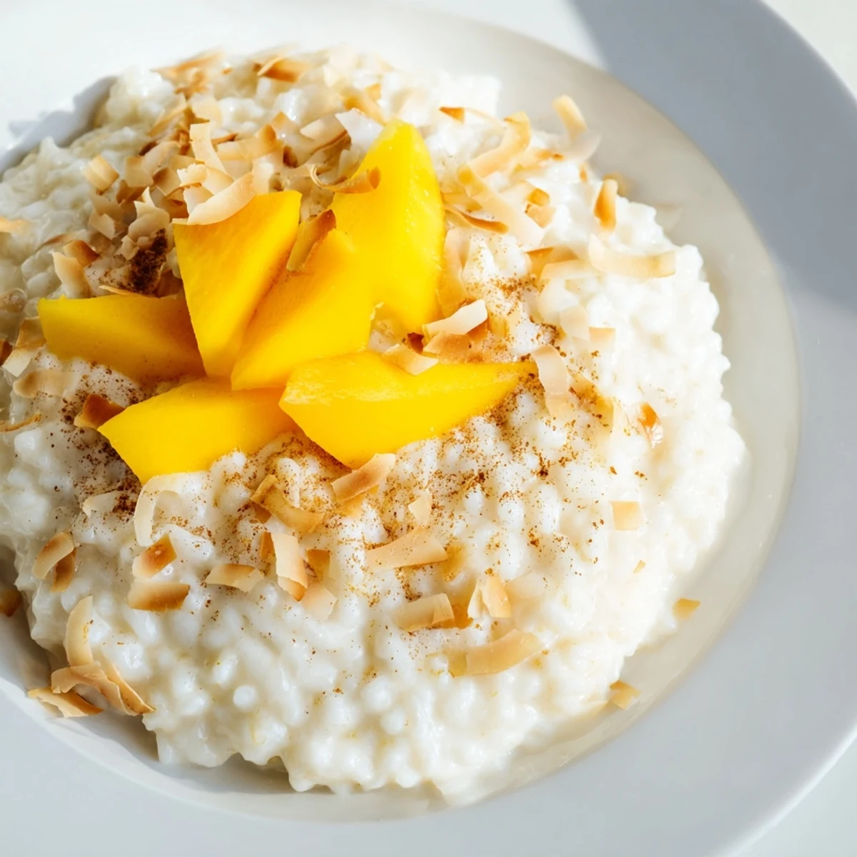 Golden, creamy Toasted Coconut Rice Pudding topped with toasted coconut flakes and fresh tropical fruit.