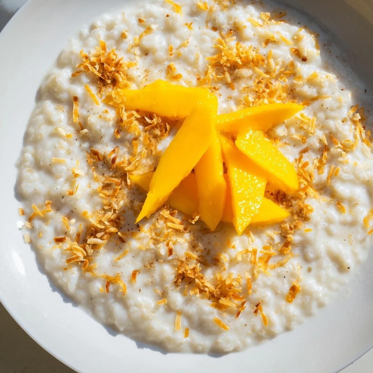 A warm bowl of Toasted Coconut Rice Pudding, with a sprinkle of cinnamon and visible toasted coconut pieces.