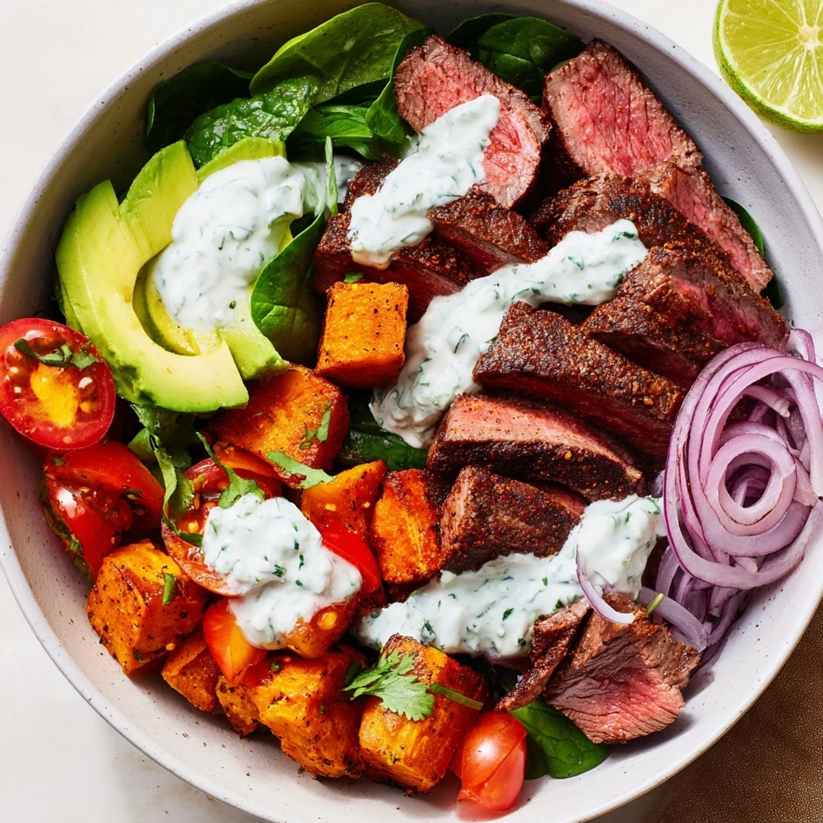 Vibrant Beef Avocado Sweet Potato Bowl with tender beef, creamy avocado, and roasted sweet potatoes.