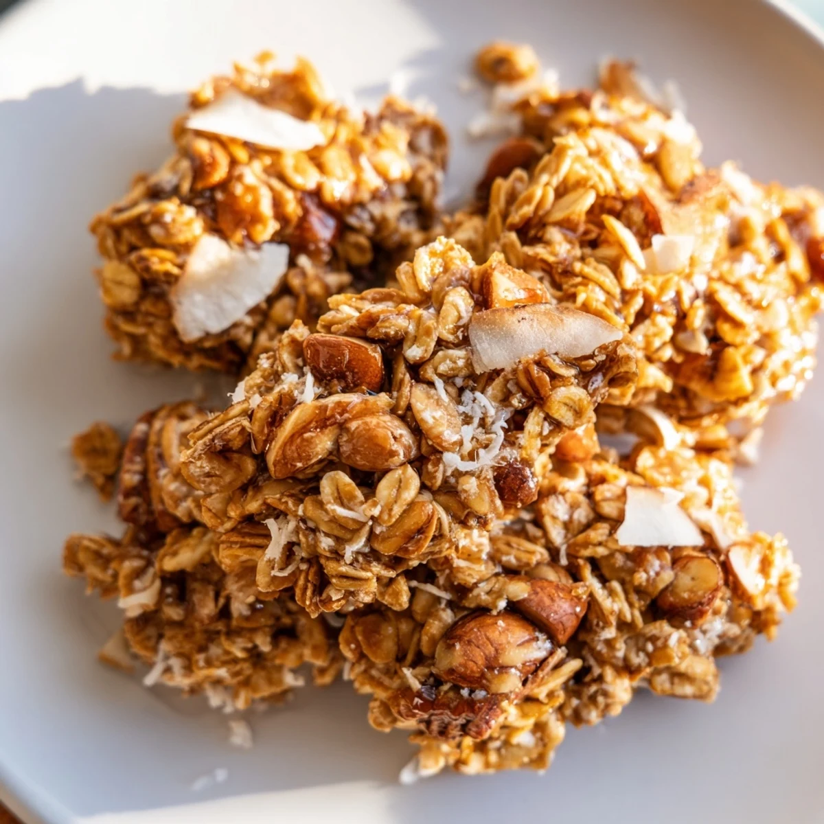 Warm, freshly made Honey Nut Granola Clusters, ready to add a burst of flavor to your yogurt.